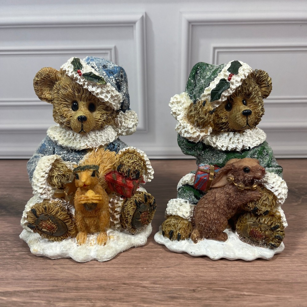 Vintage K's Collection Christmas Teddy Bear Figurines Set of 2 Winter Decor‎